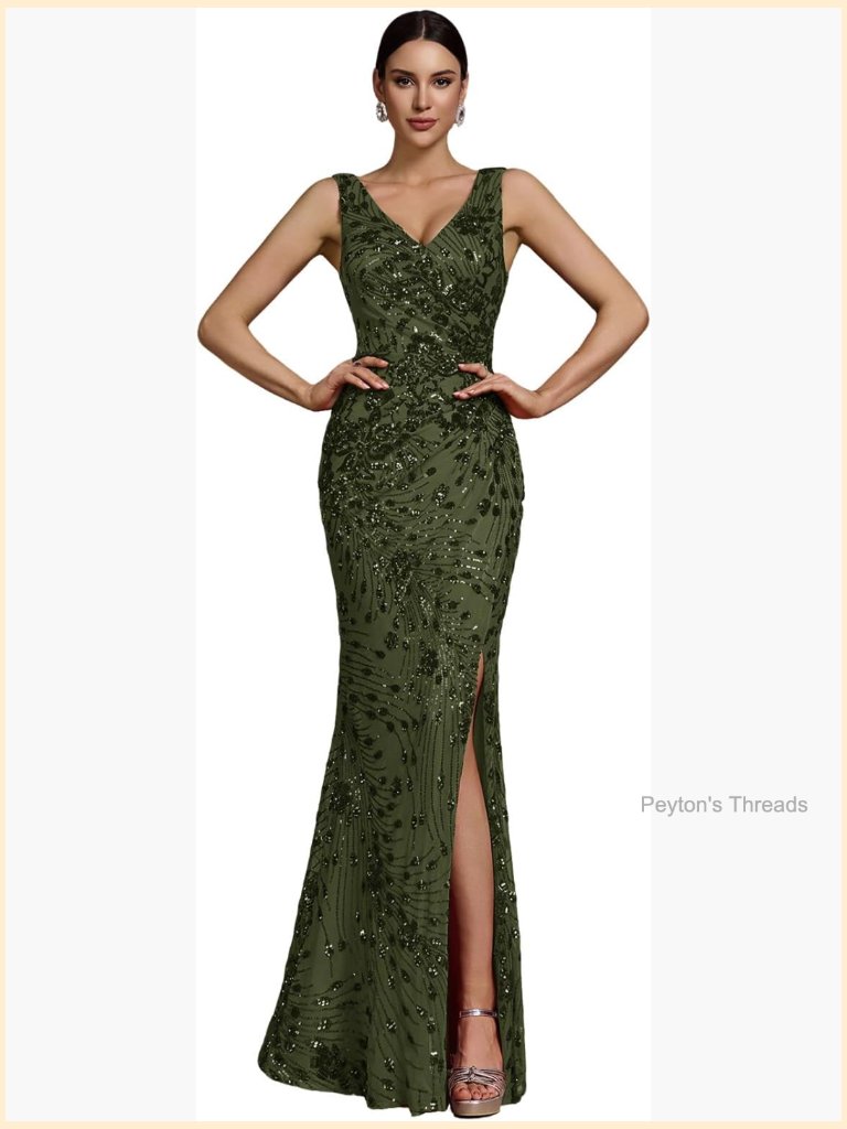 Sequin V-Neck Mermaid Formal Dress Stretchy Fitted Floor-Length Gown